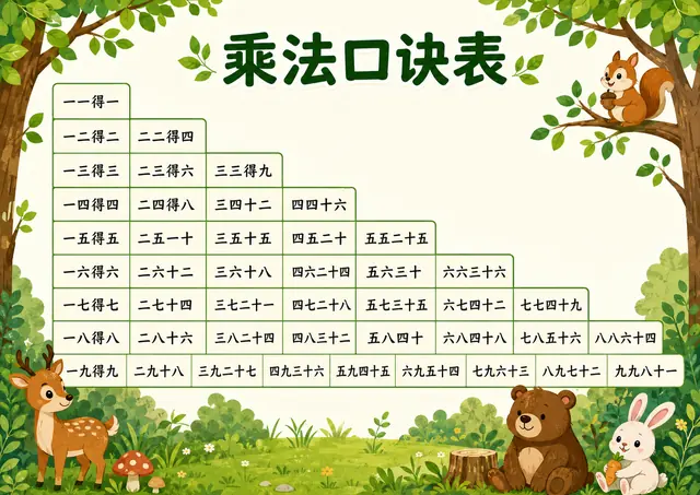 森林动物乘法口诀表A4图片
