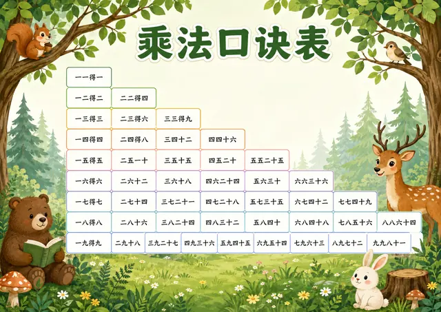 森林小鹿乘法口诀表打印版