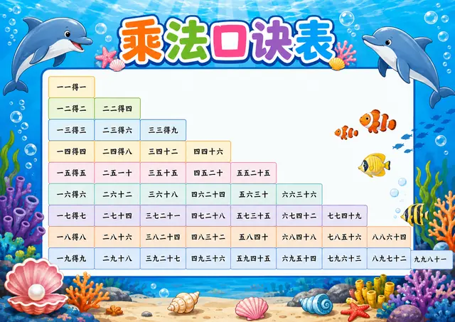 海底珊瑚乘法口诀表图片