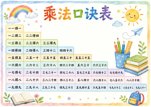 水彩文具乘法口诀表小学生图片